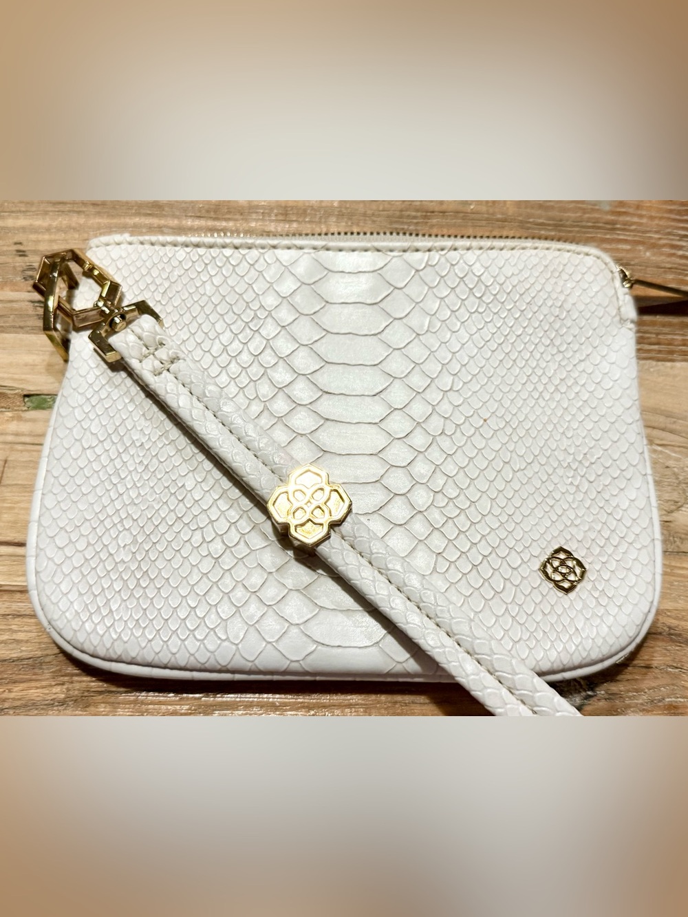 Kendra Scott White Snake-Embossed Wristlet with Chunky Gold Accents